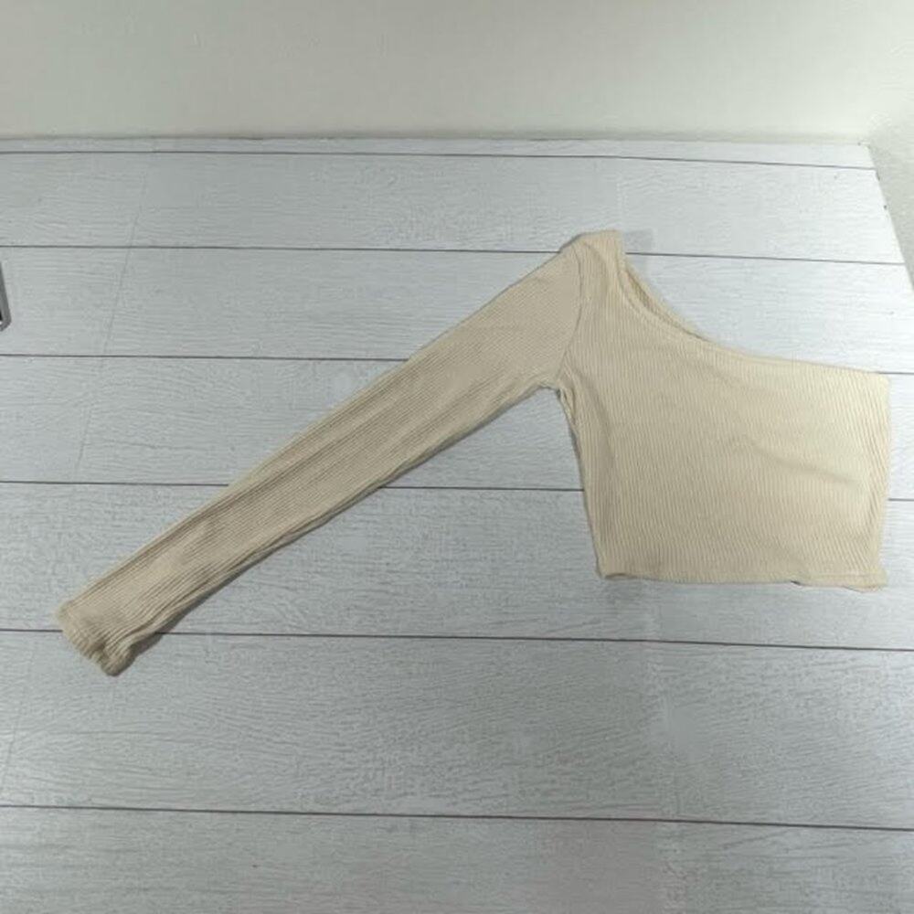 Fashion Nova Cream Ribbed One Shoulder Crop Top Small